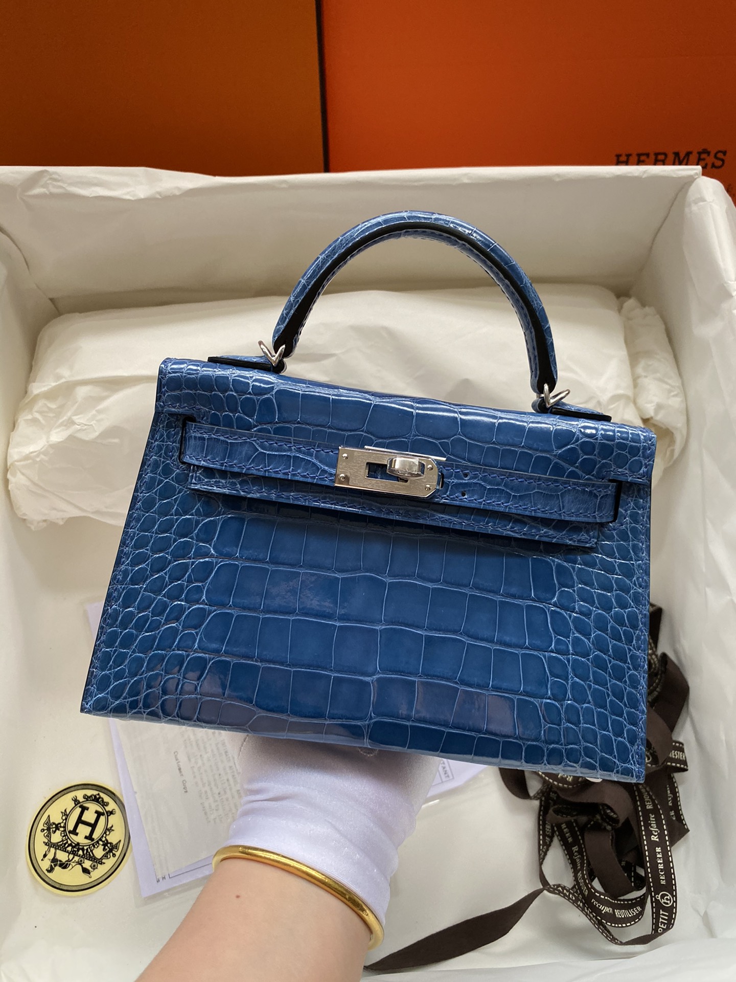 Hermes Kelly Mini II Bag 19CM In Colorful Blue Shiny Alligator Leather